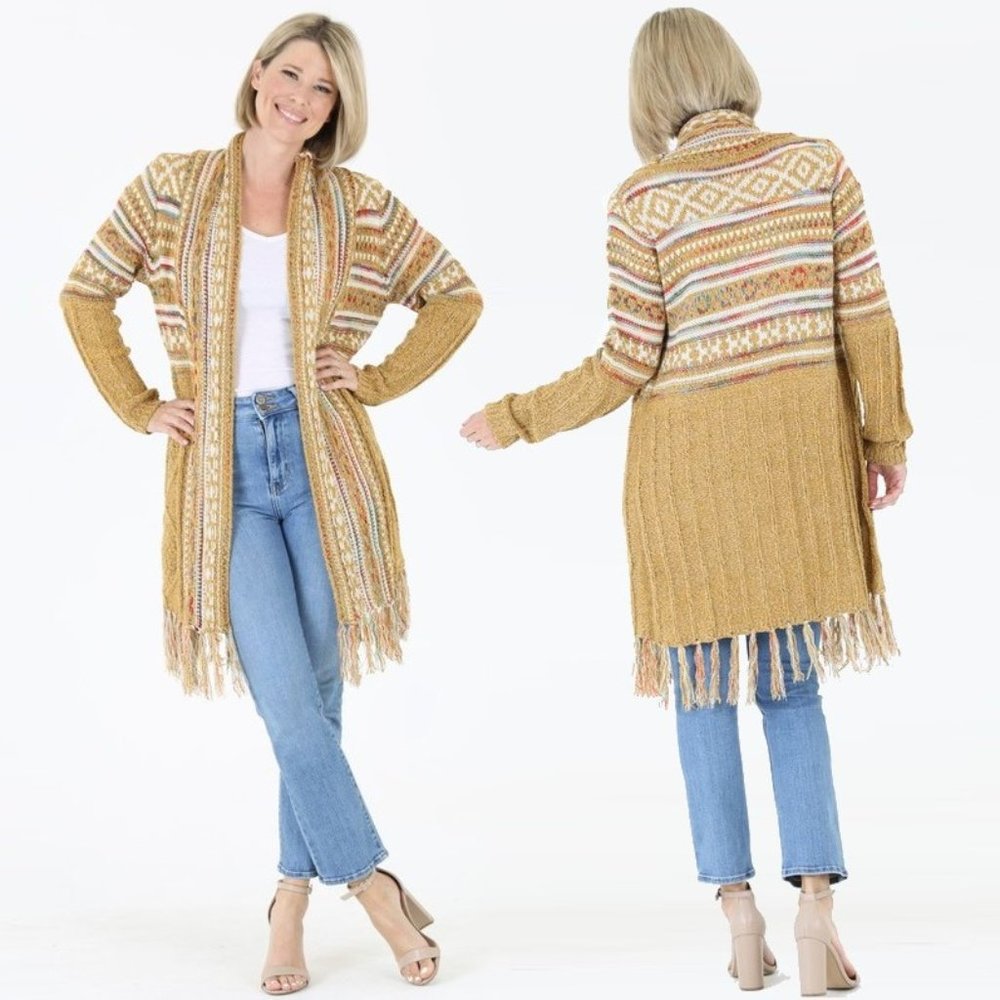 Nostalgia Fringe Cable Knit Cardigan Jacket • NWT • Acrylic • Long Sleeve • Boho